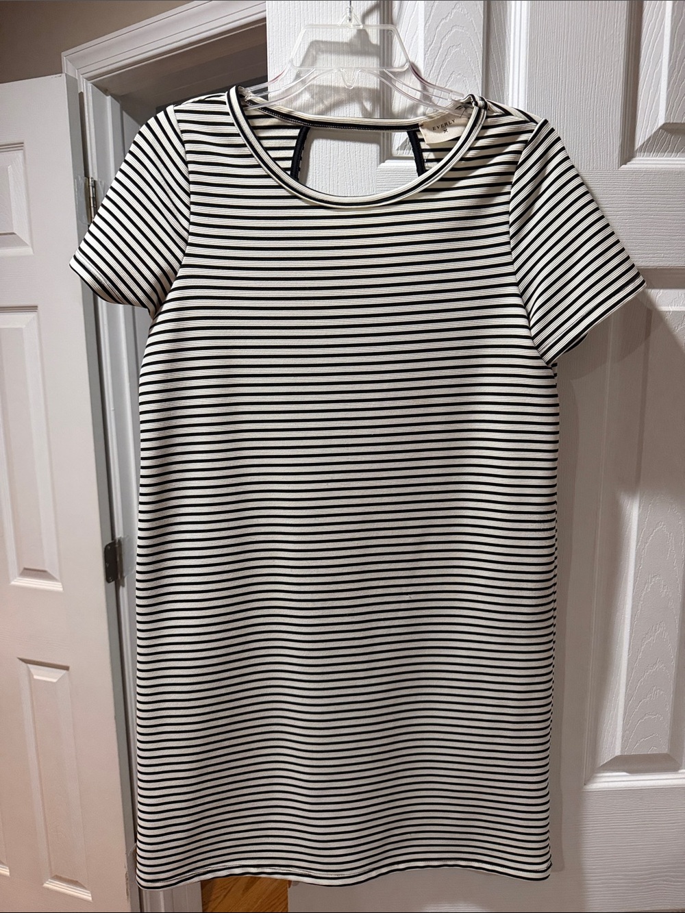 Everly Black and White Striped Short-Sleeve Shift Dress